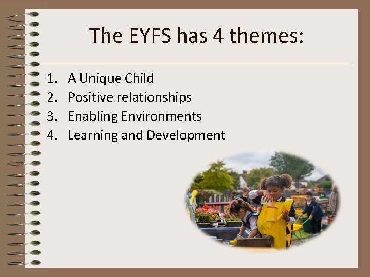 The EYFS has 4 themes: 1. 2. 3. 4. A Unique Child Positive relationships