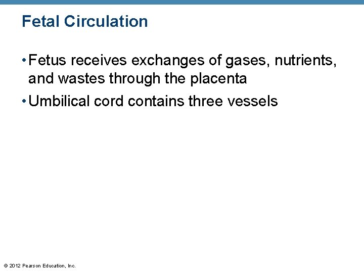 Fetal Circulation • Fetus receives exchanges of gases, nutrients, and wastes through the placenta Fetal Circulation • Fetus receives exchanges of gases, nutrients, and wastes through the placenta