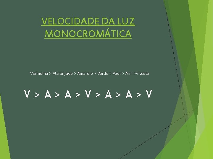 VELOCIDADE DA LUZ MONOCROMÁTICA Vermelha > Alaranjado > Amarelo > Verde > Azul >