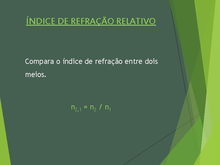 ÍNDICE DE REFRAÇÃO RELATIVO Compara o índice de refração entre dois meios. n 2,