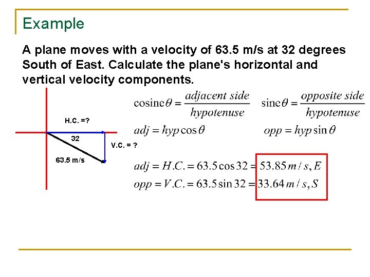 Example A plane moves with a velocity of 63. 5 m/s at 32 degrees