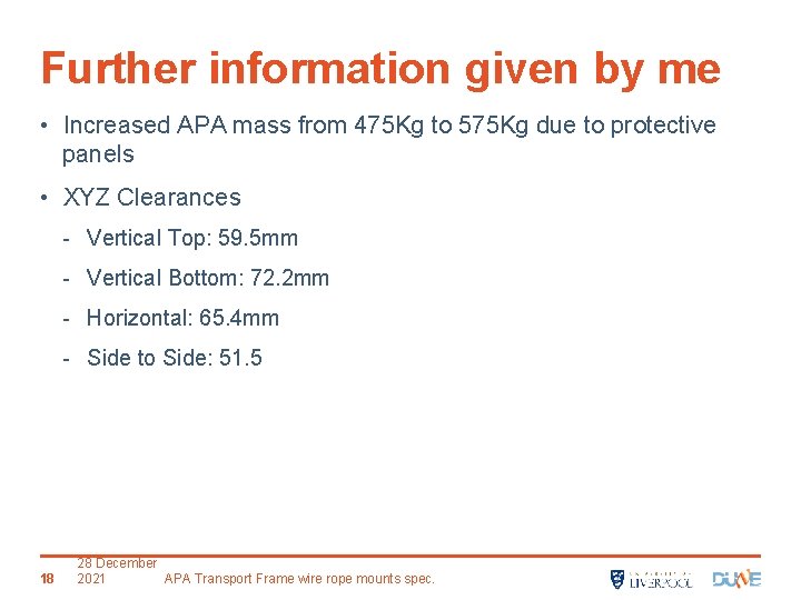 Further information given by me • Increased APA mass from 475 Kg to 575