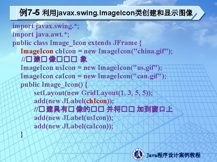 例7 -5 利用javax. swing. Image. Icon类创建和显示图像 import javax. swing. *; import java. awt. *;