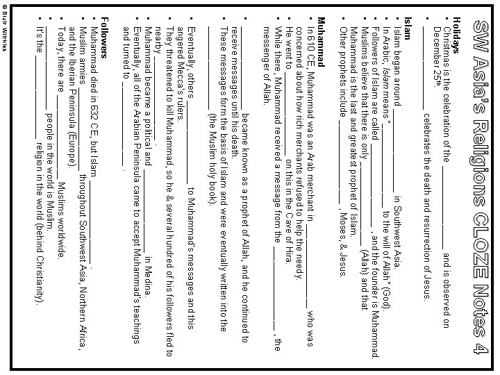 SW Asia’s Religions CLOZE Notes 4 Holidays • Christmas is the celebration of the