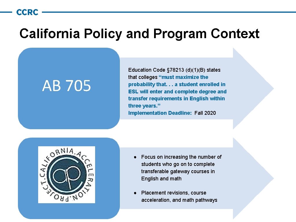 California Policy and Program Context AB 705 Education Code § 78213 (d)(1)(B) states that