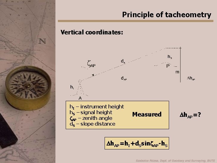 Principle of tacheometry Vertical coordinates: h. I – instrument height h. S – signal
