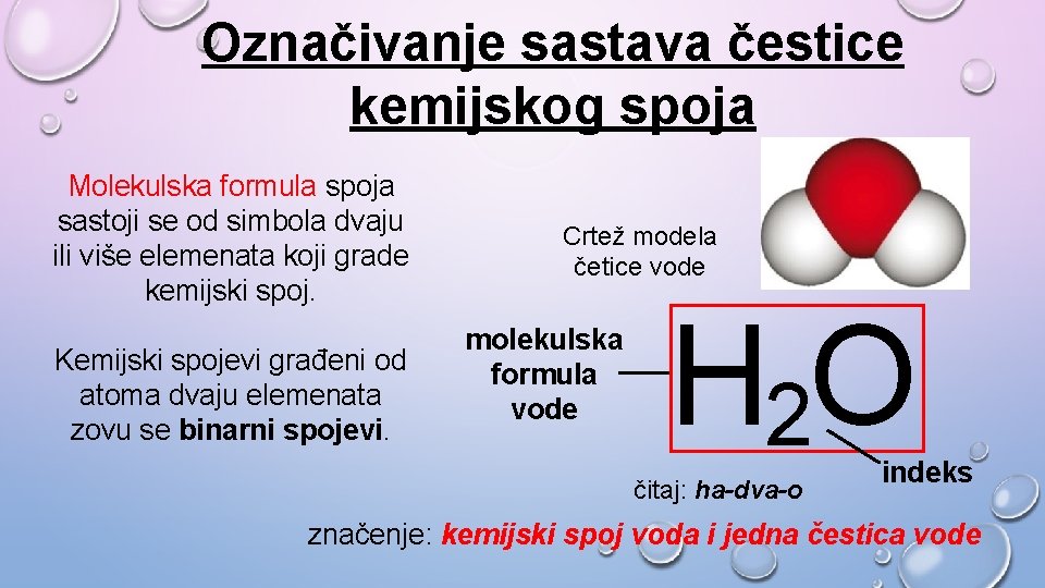 Označivanje sastava čestice kemijskog spoja Molekulska formula spoja sastoji se od simbola dvaju ili