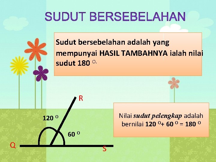 Sudut bersebelahan adalah yang mempunyai HASIL TAMBAHNYA ialah nilai sudut 180 O. R Nilai