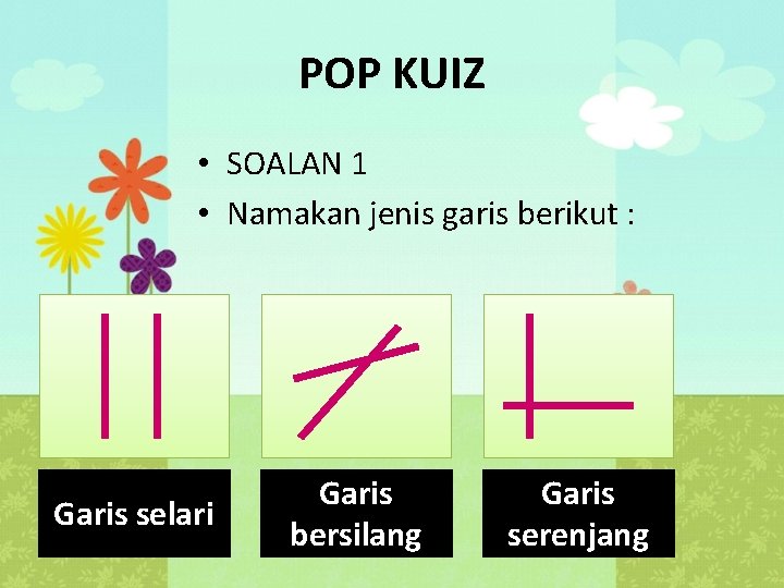 POP KUIZ • SOALAN 1 • Namakan jenis garis berikut : Garis selari Garis