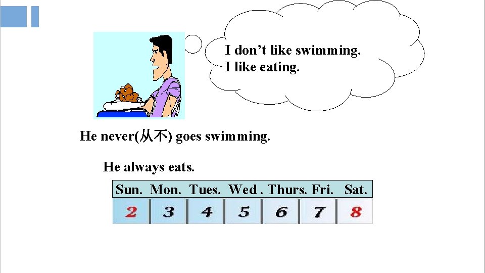 I don’t like swimming. I like eating. He never(从不) goes swimming. He always eats.