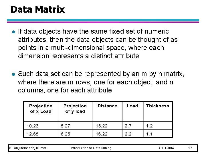 Data Matrix l If data objects have the same fixed set of numeric attributes,