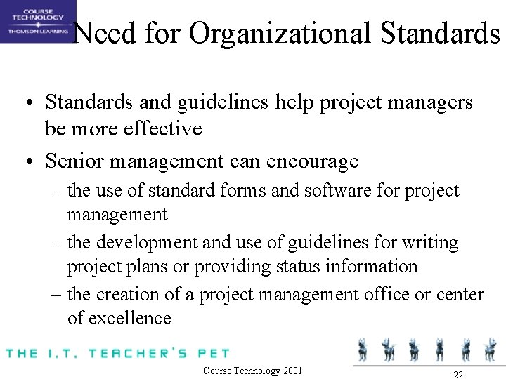 Need for Organizational Standards • Standards and guidelines help project managers be more effective Need for Organizational Standards • Standards and guidelines help project managers be more effective
