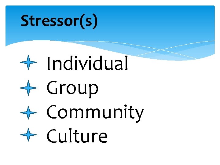 Stressor(s) Individual Group Community Culture 