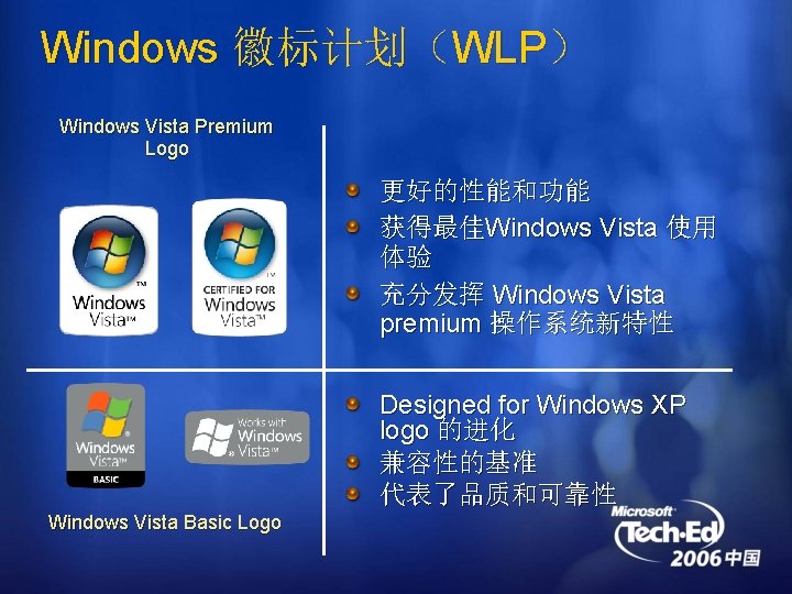 Windows 徽标计划（WLP） Windows Vista Premium Logo 更好的性能和功能 获得最佳Windows Vista 使用 体验 充分发挥 Windows Vista