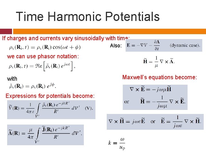 Time Harmonic Potentials If charges and currents vary sinusoidally with time: Also: we can