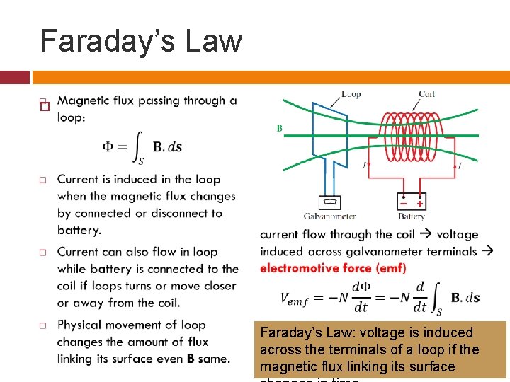 Faraday’s Law Faraday’s Law: voltage is induced across the terminals of a loop if