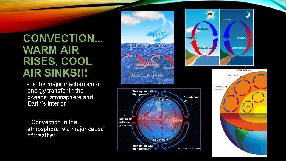 CONVECTION. . . WARM AIR RISES, COOL AIR SINKS!!! - Is the major mechanism