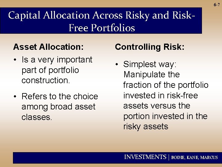 6 -7 Capital Allocation Across Risky and Risk. Free Portfolios Asset Allocation: • Is