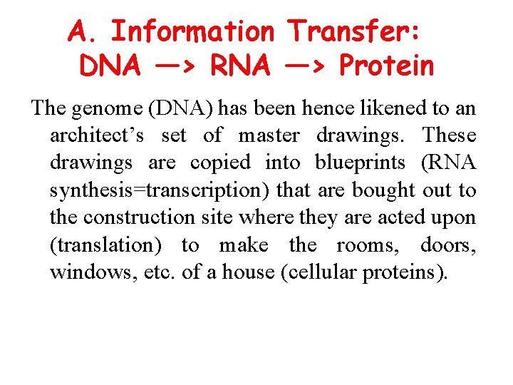 A. Information Transfer: DNA —> RNA —> Protein The genome (DNA) has been hence