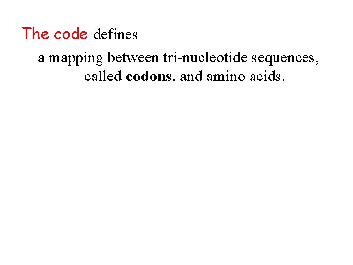 The code defines a mapping between tri nucleotide sequences, called codons, and amino acids.