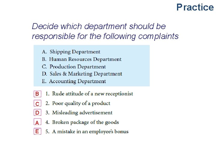 Practice Decide which department should be responsible for the following complaints B C D