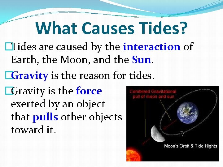 What Causes Tides? �Tides are caused by the interaction of Earth, the Moon, and