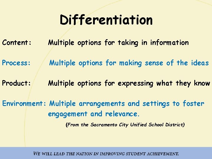 Differentiation Content: Multiple options for taking in information Process: Multiple options for making sense