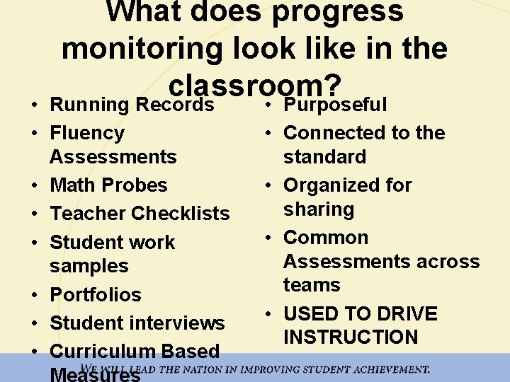 What does progress monitoring look like in the classroom? Running Records • Purposeful •