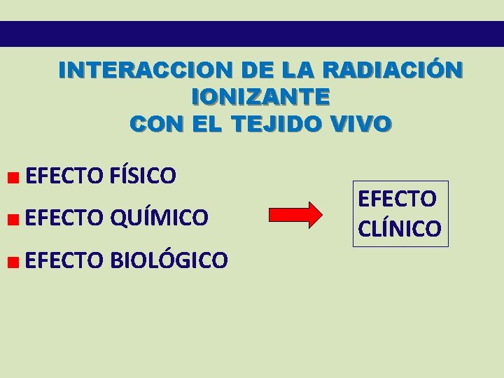 INTERACCION DE LA RADIACIÓN IONIZANTE CON EL TEJIDO VIVO EFECTO FÍSICO EFECTO QUÍMICO EFECTO