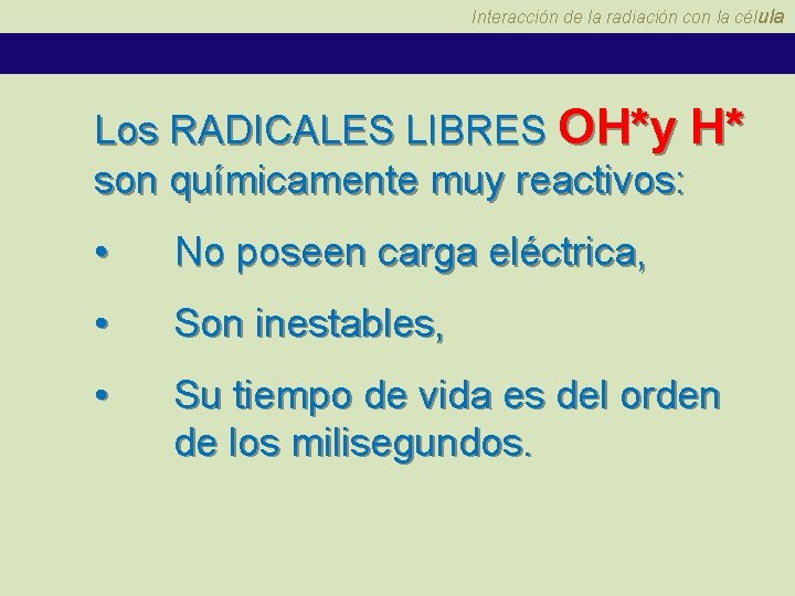 Interacción de la radiación con la célula Los RADICALES LIBRES OH*y H* son químicamente