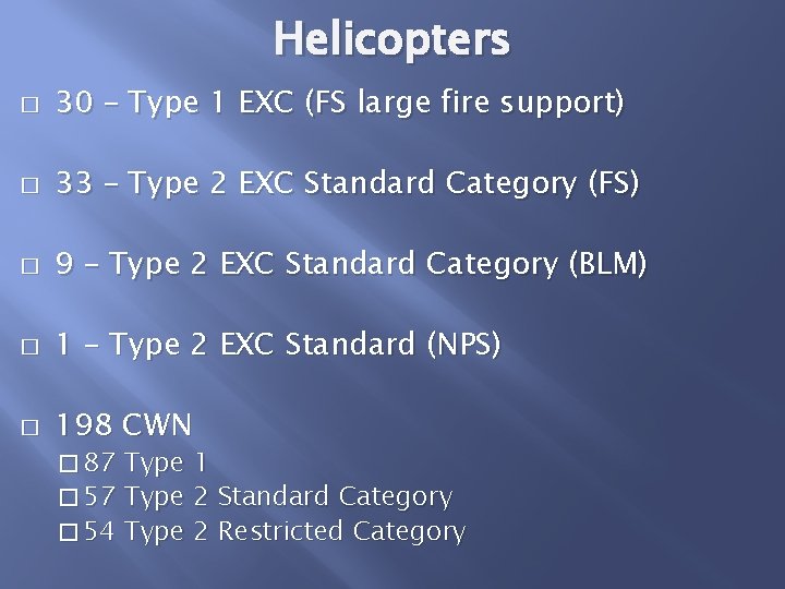 Helicopters � 30 – Type 1 EXC (FS large fire support) � 33 –