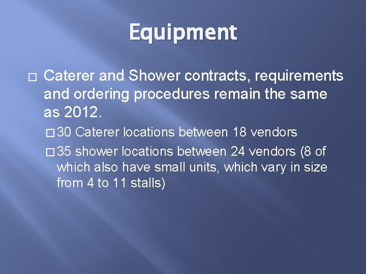 Equipment � Caterer and Shower contracts, requirements and ordering procedures remain the same as