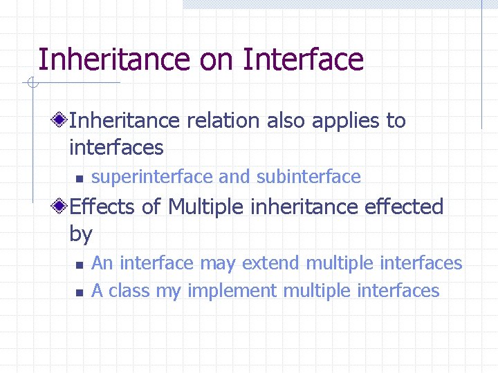 Inheritance on Interface Inheritance relation also applies to interfaces n superinterface and subinterface Effects