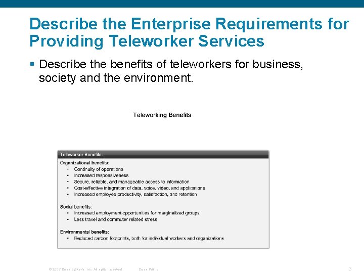 Describe the Enterprise Requirements for Providing Teleworker Services § Describe the benefits of teleworkers