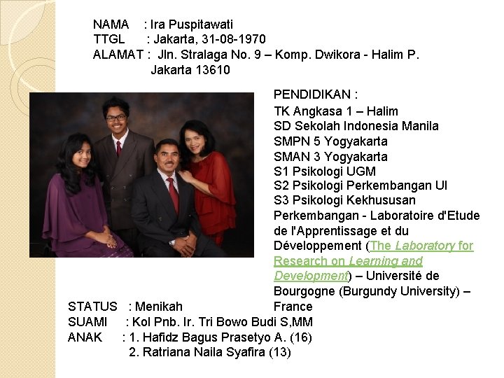 NAMA : Ira Puspitawati TTGL : Jakarta, 31 -08 -1970 ALAMAT : Jln. Stralaga