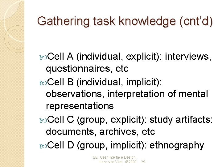 Gathering task knowledge (cnt’d) Cell A (individual, explicit): interviews, questionnaires, etc Cell B (individual,