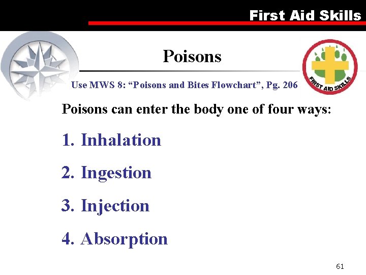 First Aid Skills Poisons Use MWS 8: “Poisons and Bites Flowchart”, Pg. 206 Poisons