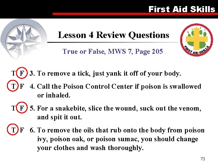 First Aid Skills Lesson 4 Review Questions True or False, MWS 7, Page 205