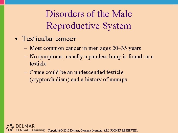 Disorders of the Male Reproductive System • Testicular cancer – Most common cancer in Disorders of the Male Reproductive System • Testicular cancer – Most common cancer in