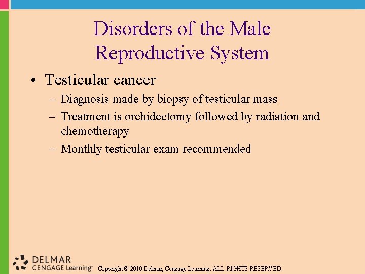 Disorders of the Male Reproductive System • Testicular cancer – Diagnosis made by biopsy