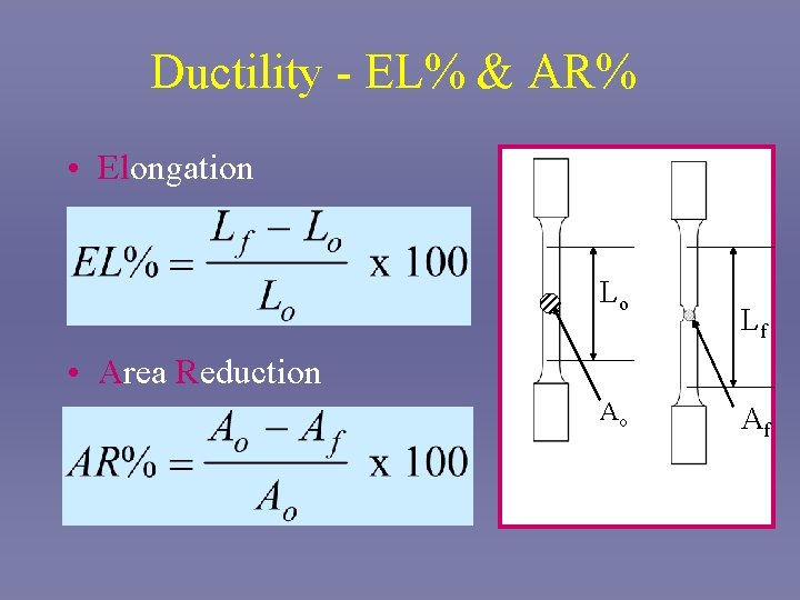 Ductility - EL% & AR% • Elongation Lo Lf • Area Reduction Ao Af