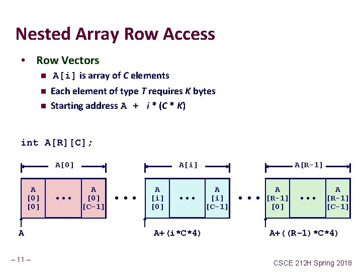 Nested Array Row Access • Row Vectors n A[i] is array of C elements