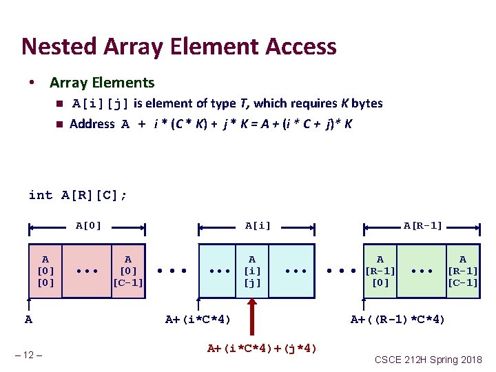 Nested Array Element Access • Array Elements n n A[i][j] is element of type