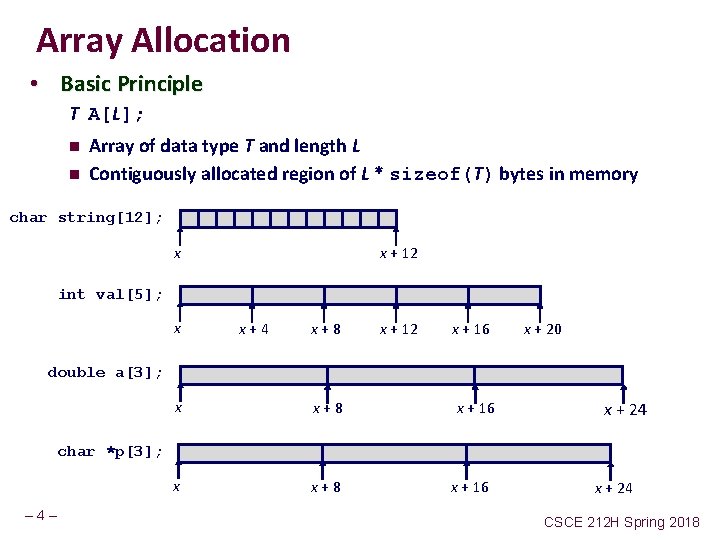 Array Allocation • Basic Principle T A[L]; n n Array of data type T