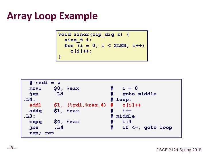 Array Loop Example void zincr(zip_dig z) { size_t i; for (i = 0; i