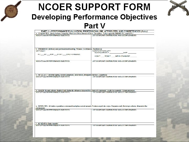 NCOER SUPPORT FORM Developing Performance Objectives Part V 