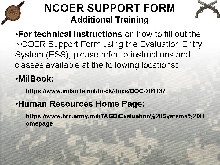 NCOER SUPPORT FORM Additional Training • For technical instructions on how to fill out