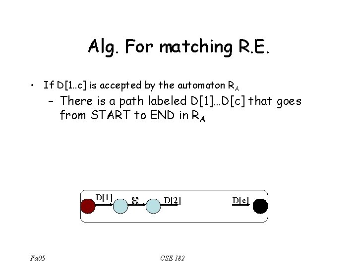 Alg. For matching R. E. • If D[1. . c] is accepted by the