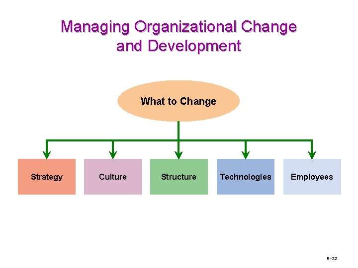 Managing Organizational Change and Development What to Change Strategy Culture Structure Technologies Employees 8–