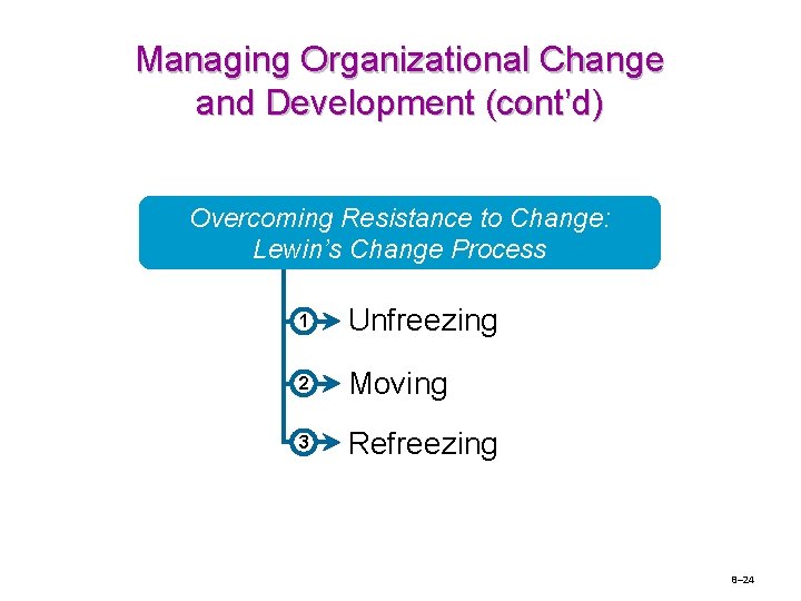 Managing Organizational Change and Development (cont’d) Overcoming Resistance to Change: Lewin’s Change Process 1